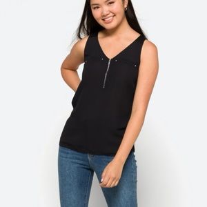 Sleeveless mixed material zip up tank